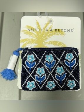 America & Beyond beaded coin purse pouch navy blue flowers tassel Anthropologie